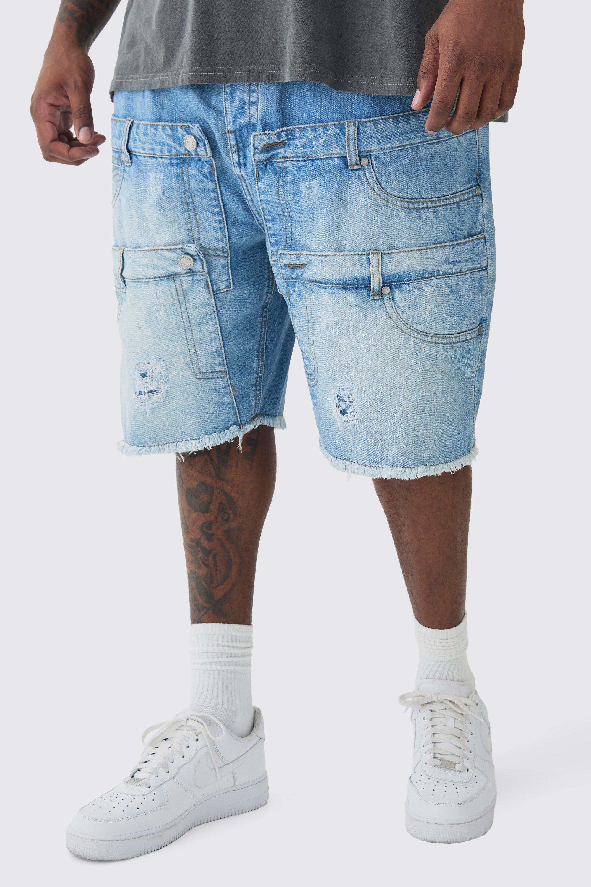 Mens Blue Plus Multi Waistband Relaxed Fit Denim Shorts, Blue